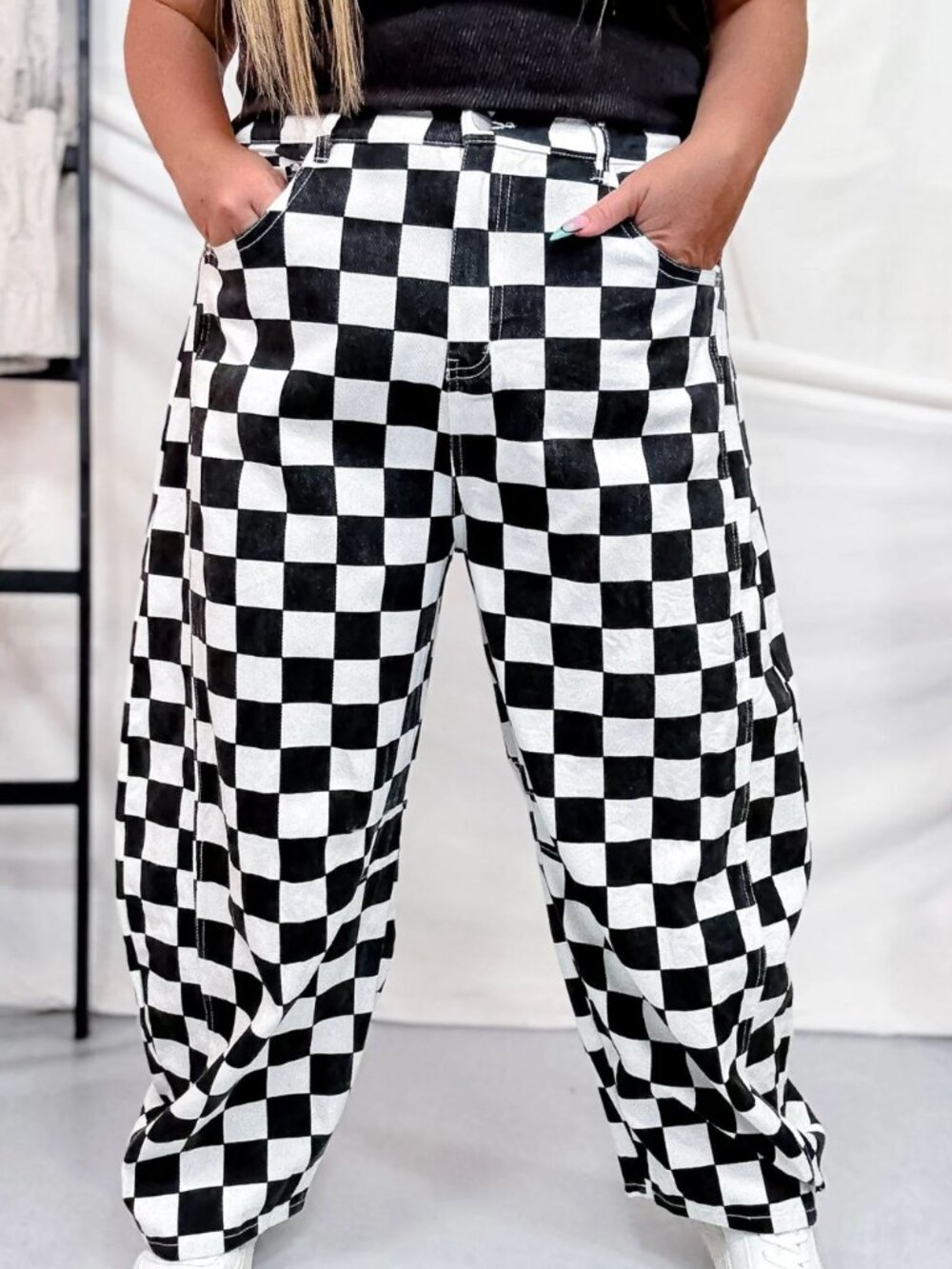 #1191 Black & White Checkered Barrel Leg Pants NEW